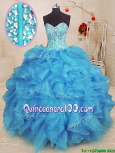 Fantastic Baby Blue Sweetheart Lace Up Beading and Ruffles Sweet 16 Dress Sleeveless