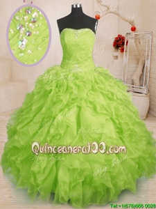 Hot Sale Sleeveless Organza Floor Length Lace Up Sweet 16 Dresses inYellow Green forSpring and Summer and Fall and Winter withBeading and Ruffles and Ruching