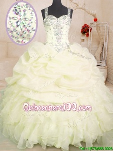 Fashion Light Yellow Ball Gowns Beading and Ruffles and Pick Ups Sweet 16 Quinceanera Dress Zipper Organza Sleeveless Floor Length