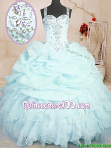 Artistic Pick Ups Ball Gowns Vestidos de Quinceanera Light Blue Straps Organza Sleeveless Floor Length Zipper