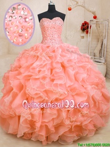 Captivating Sleeveless Floor Length Beading and Ruffles Lace Up Sweet 16 Dresses with Orange