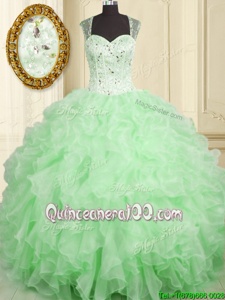 Fashionable Spring Green Quinceanera Dress Military Ball and Sweet 16 and Quinceanera and For withBeading and Ruffles Straps Sleeveless Lace Up