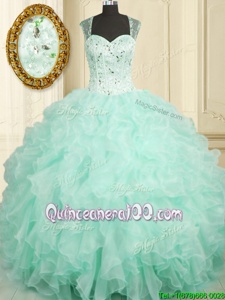 Flare Straps Sleeveless Sweet 16 Dresses Floor Length Beading and Ruffles Aqua Blue Organza