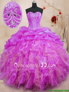 Artistic Beading and Ruffles 15th Birthday Dress Fuchsia Lace Up Sleeveless Floor Length