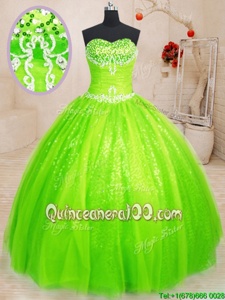 Elegant Sweetheart Sleeveless Vestidos de Quinceanera Floor Length Beading Spring Green Tulle and Sequined