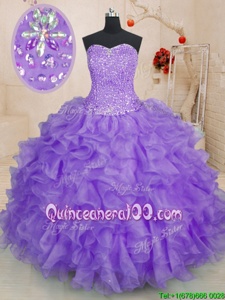 Smart Lavender Ball Gowns Beading and Ruffles Quince Ball Gowns Lace Up Organza Sleeveless Floor Length