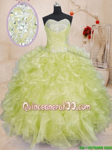 High Class Sweetheart Sleeveless Sweet 16 Dresses Floor Length Beading and Ruffles Yellow Green Organza