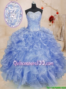 Purple Ball Gowns Sweetheart Sleeveless Organza Floor Length Zipper Beading and Ruffles Quinceanera Dresses