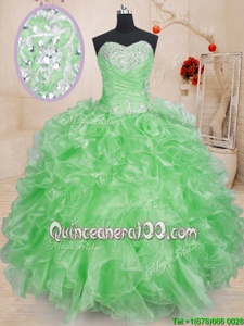 Discount Spring Green Ball Gowns Sweetheart Sleeveless Organza Floor Length Lace Up Beading and Ruffles Sweet 16 Dresses