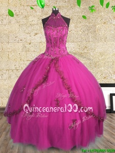 Noble Halter Top Fuchsia Sleeveless Beading Floor Length Quinceanera Gowns