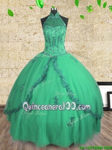 Eye-catching Halter Top Floor Length Ball Gowns Sleeveless Turquoise Sweet 16 Dress Lace Up