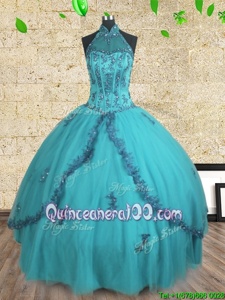 Dynamic Halter Top Teal Sleeveless Beading Floor Length Sweet 16 Dresses