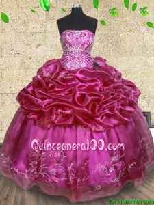 Customized Pick Ups Ball Gowns 15 Quinceanera Dress Fuchsia Strapless Organza Sleeveless Floor Length Lace Up