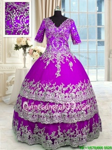 Exquisite Purple V-neck Neckline Appliques and Ruffled Layers 15th Birthday Dress Half Sleeves Zipper
