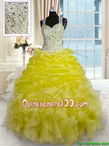 New Style Yellow Organza Zipper Straps Sleeveless Floor Length Quinceanera Dress Beading and Ruffles