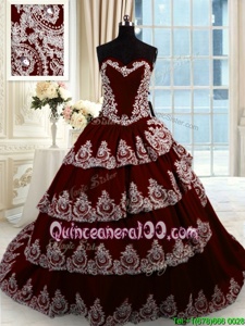 Sumptuous With Train Lace Up Quince Ball Gowns Wine Red and In forMilitary Ball and Sweet 16 and Quinceanera withBeading and Appliques and Ruffled Layers Court Train