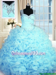 Free and Easy Sleeveless Floor Length Beading and Ruffles Zipper Sweet 16 Dress with Aqua Blue