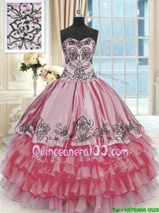 Flare Ruffled Floor Length Rose Pink Sweet 16 Dress Sweetheart Sleeveless Lace Up