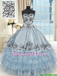 Wonderful Organza and Taffeta Sweetheart Sleeveless Lace Up Beading and Embroidery and Ruffled Layers Vestidos de Quinceanera inLight Blue