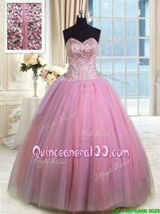 Dramatic Rose Pink Lace Up Sweetheart Beading and Ruching Vestidos de Quinceanera Organza Sleeveless