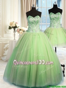 Flare Three Piece Sweetheart Sleeveless 15th Birthday Dress Floor Length Beading Yellow Green Tulle