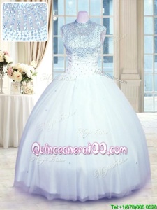 Enchanting Baby Blue High-neck Neckline Beading Sweet 16 Dresses Sleeveless Zipper