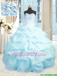 Comfortable Sweetheart Sleeveless Sweet 16 Dress Floor Length Beading and Ruffles Baby Blue Organza