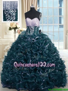 Dazzling Sleeveless Brush Train Lace Up With Train Beading and Ruffles Sweet 16 Dresses