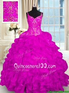 New Style Fuchsia Spaghetti Straps Lace Up Beading and Embroidery and Ruffles Sweet 16 Dress Brush Train Sleeveless