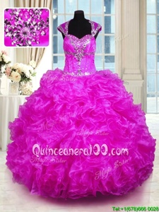 Best Beading and Ruffles 15th Birthday Dress Fuchsia Lace Up Cap Sleeves Floor Length