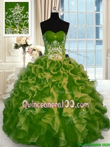 Nice Sleeveless Floor Length Beading and Ruffles Lace Up Ball Gown Prom Dress with Olive Green