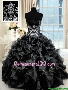 Black Organza Lace Up Quinceanera Dress Sleeveless Floor Length Beading and Ruffles