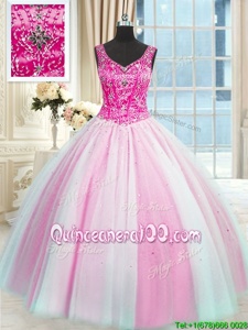 Cheap Baby Pink and Pink And White Tulle Lace Up V-neck Sleeveless Floor Length Quinceanera Dress Beading