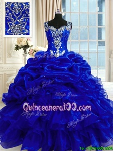 Discount Royal Blue Ball Gowns Organza Straps Sleeveless Beading and Ruffles and Pick Ups Floor Length Lace Up Quinceanera Dresses