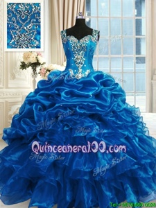 Sleeveless Floor Length Beading and Ruffles Lace Up Quince Ball Gowns with Blue