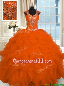 Attractive Straps Cap Sleeves 15 Quinceanera Dress Floor Length Beading and Ruffles Orange Organza