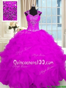 Sophisticated Fuchsia Ball Gowns Straps Cap Sleeves Organza Floor Length Lace Up Beading and Ruffles 15th Birthday Dress