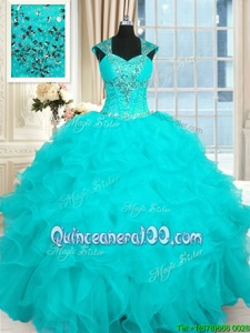 Luxury Aqua Blue Organza Lace Up Straps Cap Sleeves Floor Length Sweet 16 Dress Beading and Ruffles