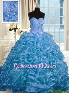 Stylish Organza Sweetheart Sleeveless Sweep Train Lace Up Beading and Pick Ups Sweet 16 Dress inBlue