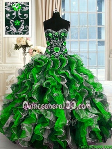 New Style Multi-color Ball Gowns Organza Sweetheart Sleeveless Beading and Ruffles Floor Length Lace Up Quince Ball Gowns