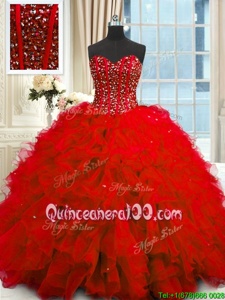 Sweet Red Lace Up Quince Ball Gowns Beading and Ruffles and Sequins Sleeveless Floor Length