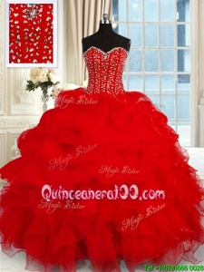 Sweetheart Sleeveless Sweet 16 Dresses Floor Length Beading and Ruffles Wine Red Organza