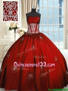 Flirting Strapless Sleeveless Quince Ball Gowns Floor Length Beading and Appliques and Ruching Wine Red Taffeta