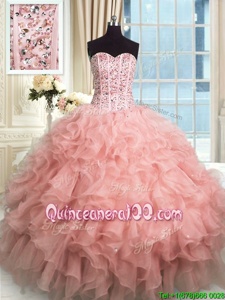 Glorious Rose Pink Organza Lace Up Quince Ball Gowns Sleeveless Floor Length Beading and Ruffles