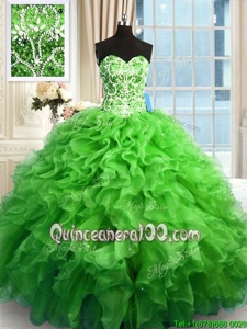 Cute Spring Green Ball Gowns Beading and Ruffles 15th Birthday Dress Lace Up Organza Sleeveless Floor Length