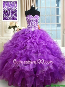 Fantastic Purple Organza Lace Up Sweetheart Sleeveless Floor Length Quinceanera Gowns Beading and Ruffles