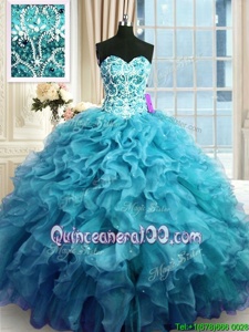 Lovely Sweetheart Sleeveless Lace Up Ball Gown Prom Dress Teal Organza