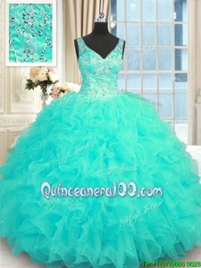 Exceptional Aqua Blue Zipper Sweet 16 Dress Beading and Ruffles Sleeveless Floor Length