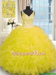 Latest Sleeveless Organza Floor Length Zipper Sweet 16 Dress inYellow forSpring and Summer and Fall and Winter withBeading and Ruffles