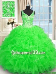 Ideal Green V-neck Neckline Beading and Ruffles Vestidos de Quinceanera Sleeveless Zipper